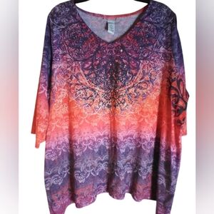 Catherines Women's Multicolor V-Neck Top Stud Accent Size 1X Boho Festival